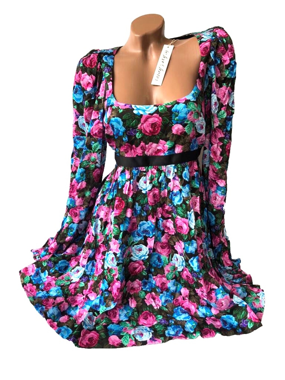 For Love & Lemons Floral Long-Sleeve Square-Neck Dress in Pink, Blue & Black